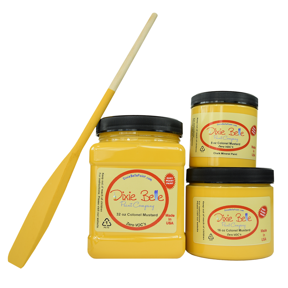 La peinture de couleur "Colonel Mustard" de Dixie Belle. Un jaune or rétro. Cette touche de couleur ajoutera une énergie électrique à n'importe quelle pièce! Cette couleur vive rehaussera facilement n'importe quel espace. La peinture à la craie minérale de Dixie Belle est un produit de qualité supérieur. Parfaite pour peindre sur les meubles, elle peut aussi très bien être utilisée sur d'autres surfaces comme le bois, le métal, le verre, la céramique, le tissus et plus.