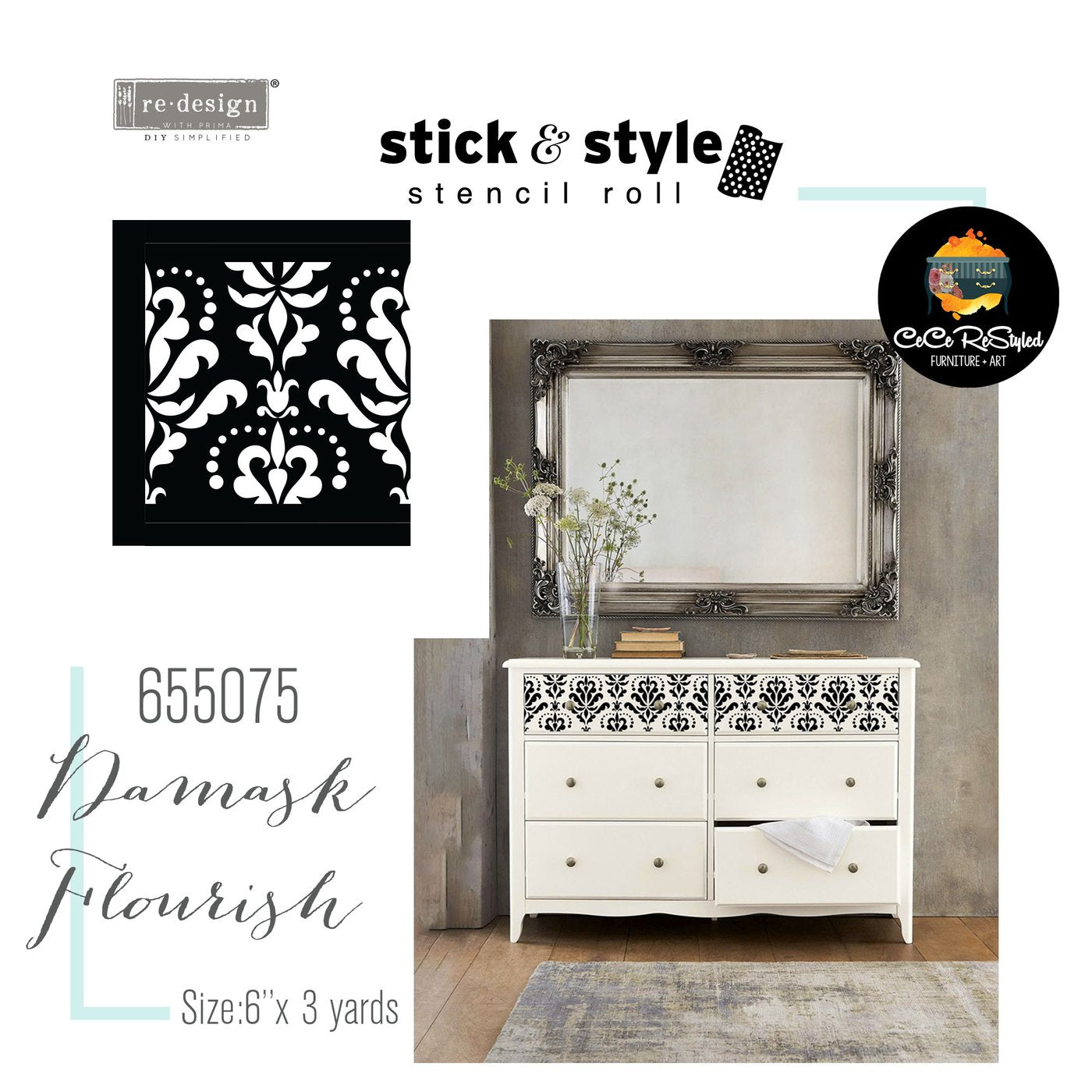 Stencils - Damask Floursih (Adhesive Roll) Stick & Style Stencil