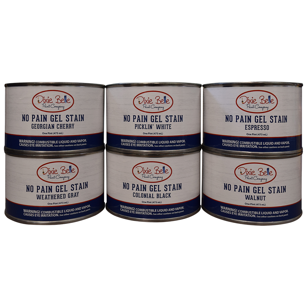 Les teintures gel à base d'huile de Dixie Belle sont disponibles en noir, espresso, cerise, blanc, noyé et gris patiné. Elles offrent une couverture complète et profonde. Vous pouvez teindre sur des surfaces peintes ou non peintes. Les teintures peuvent être appliquées avec un chiffon non pelucheux, un pinceau ou un tampon applicateur.