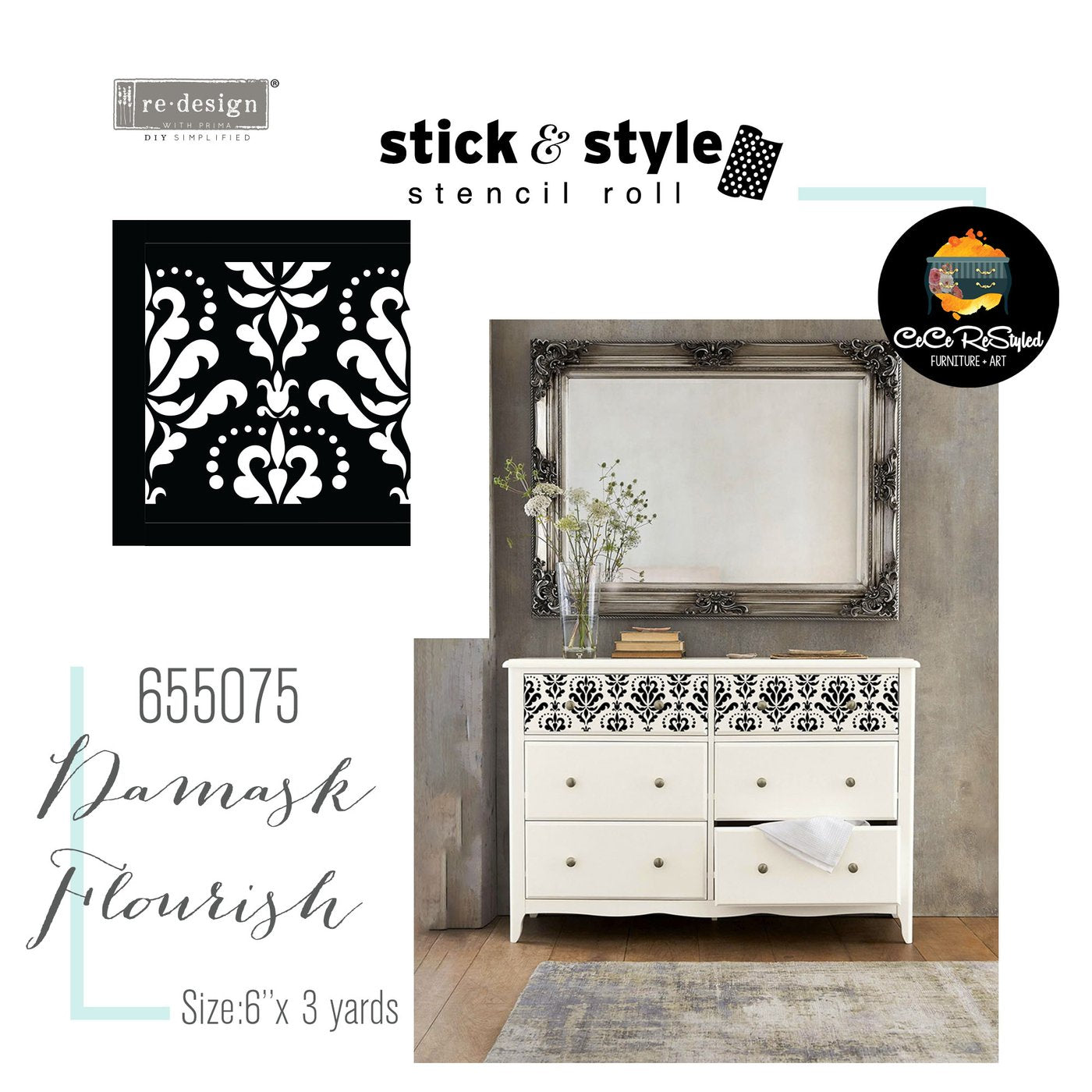 Pochoirs - Damask Floursih (Rouleau Adhesif) Stick & Style Stencil