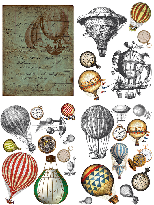 Transfert d'image aux motifs d'horloges et de montgolfières. Un produit de Belles and Whistles. À utiliser sur les murs, les meubles, le bois, les portes et bien d'autres surfaces. Les possibilités sont infinies. Veuillez noter que le transfert peut être coupé en morceaux pour une application facile.