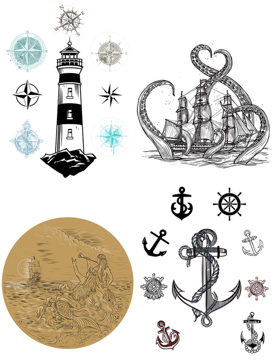 Transfert d'image de thème nautique. Un produit de Belles and Whistles. À utiliser sur les murs, les meubles, le bois, les portes et bien d'autres surfaces. Les possibilités sont infinies. Veuillez noter que le transfert peut être coupé en morceaux pour une application facile.